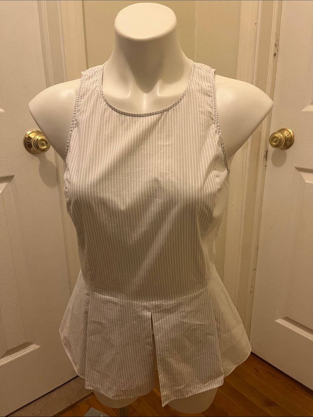 Chelsea28 White and Light Gray Striped Peplum Tank